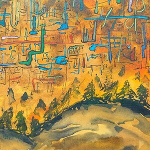 May include: Abstract watercolor painting with a warm color palette of orange, yellow, and brown. The artwork features a textured background with vertical and horizontal lines in blue, green, and red. Silhouettes of figures and trees are in the foreground.