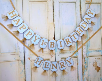 Baby Blue & Gold 1st Birthday Banner with Tulle - Boys First Birthday Decoration