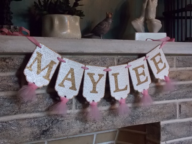 Girls Name Banner, Cream, Pink and Gold Banner with Tulle, Girl's Birthday Banner, Girl Baby Shower Decoration, Girl Nursery Sign, image 2