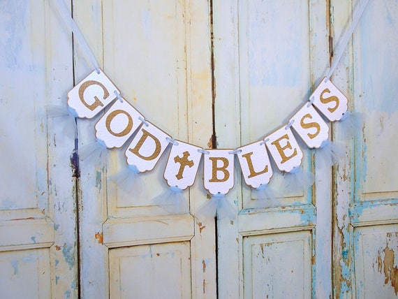 God Bless Banner White Blue And Gold Baptism Decoration Etsy