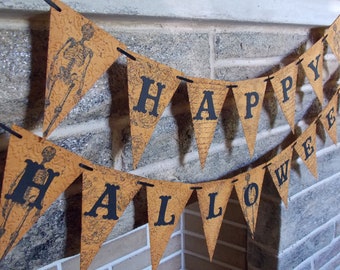 Happy Halloween Banner Stamped Embossed and Distressed, Vintage Style Halloween Banner, Halloween Decoration, Halloween Party, Skeleton Sign