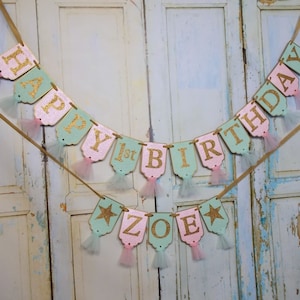 Happy 1st Birthday Banner, Name Banner with Stars Optional, Mint Pink and Gold Banner, Girls First Birthday Decoration, Twinkle Little Star