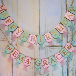 Happy 1st Birthday Banner, Name Banner with Carousel Horses Optional, Mint Pink and Gold Banner with Tulle, Girls First Birthday Decoration