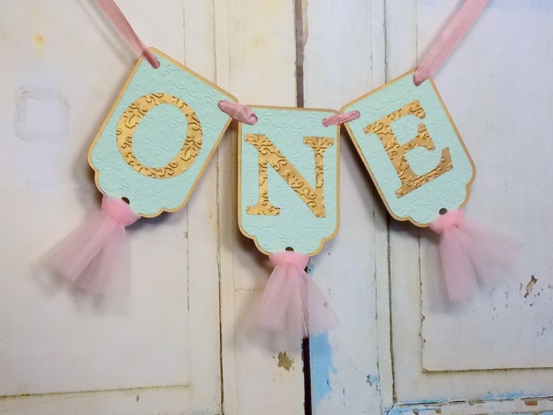 One Banner Mint Pink and Gold Birthday Banner Embossed - Etsy