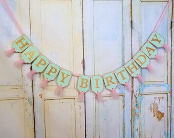 Happy Birthday Banner, Embossed Mint Pink and Gold Banner with Tulle, Girls First Birthday Banner, Birthday Decorations, Girls Birthday Sign