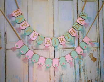First Year Picture Banner and Happy 1st Birthday Banner, Mint Pink Gold Banner with Tulle, Girls 1st Birthday Decorations, 12 Month Banner