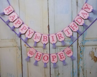 Happy 1st Birthday Banner, Girls Name Banner with Crowns Optional Embossed Pink and Purple Banner with Tulle Girls First Birthday Decoration