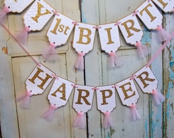 Happy 1st Birthday Banner, Embossed White Pink and Gold Banner with Tulle, Girls First Birthday Banner, Pink and Gold Birthday Decorations