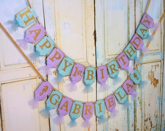 Happy 1st Birthday Banner, Girl's Name Banner Optional, Lavender Turquoise and Gold Banner, Girls Birthday Decoration Under The Sea Birthday