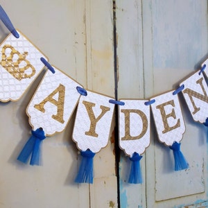 Custom Name Banner with Crowns, White Blue and Gold Banner with Tulle, Prince Birthday Decoration, Royal Prince Baby Shower Banner image 3