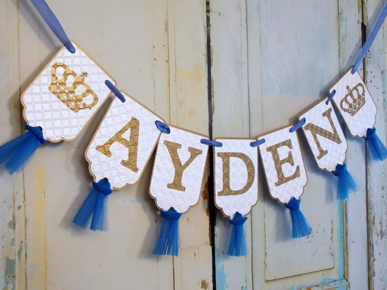 Custom Name Banner with Crowns, White Blue and Gold Banner with Tulle, Prince Birthday Decoration, Royal Prince Baby Shower Banner image 3