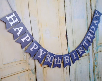 Happy Birthday Banner, Add Year, Blue and Silver Adult Birthday Decoration, Year Customizable, 30th, 40th, 50th, Name Banner Optional