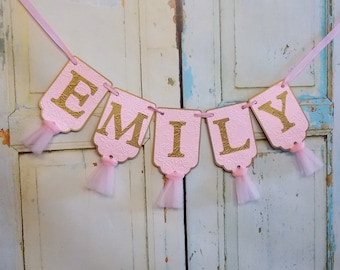Custom Girl's Name Banner, Pink and Gold Banner with Rose Embossing, Baby Shower Banner, Girls Birthday Decoration, Girl Baby Shower Decor