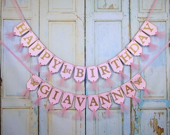 Happy 1st Birthday Banner, Name with Butterflies Optional, Pink and Gold Banner with Tulle, Girls First Birthday Sign, Butterfly Birthday