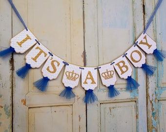 Royal Baby Shower Banner: Blue & Gold 'It's A Boy' Embossed with Crowns