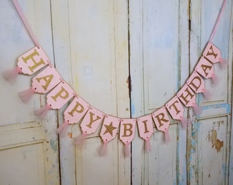 Happy Birthday Banner, Name Banner with Stars Optional, Embossed Pink and Gold Banner with Tulle, Girls First Birthday Decoration