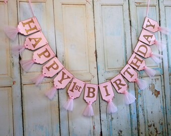 Happy 1st Birthday Banner, Large Pink and Gold Birthday Decoration, Girls Birthday Sign, Girls Name Optional, Girls First Birthday Sign