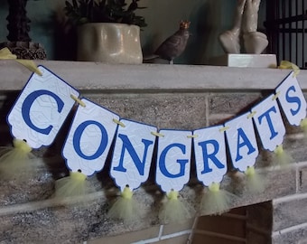 Congrats Graduation Banner with Graduation Cap Embossing, White and Blue with Yellow Tulle, Graduation Banner, Congrats Grad Decoration