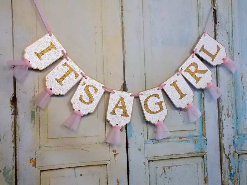 It's A Girl Banner Embossed Cream Pink and Gold Banner | Etsy