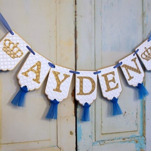 Custom Name Banner with Crowns, White Blue and Gold Banner with Tulle, Prince Birthday Decoration, Royal Prince Baby Shower Banner image 2