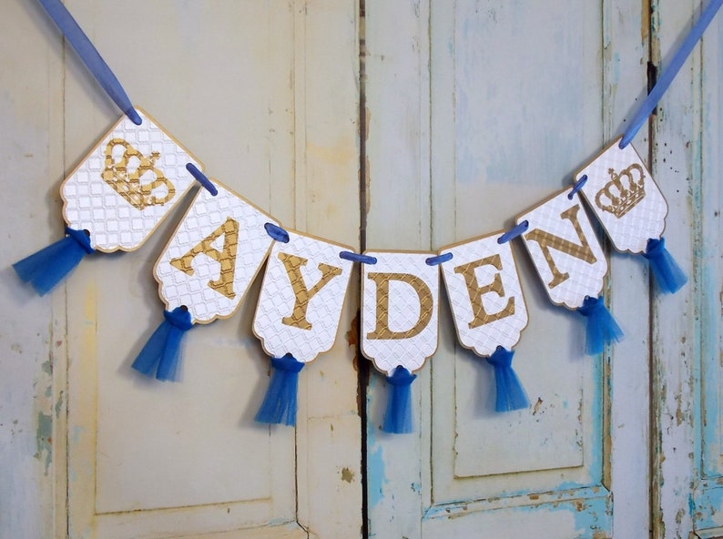 Custom Name Banner with Crowns, White Blue and Gold Banner with Tulle, Prince Birthday Decoration, Royal Prince Baby Shower Banner image 2