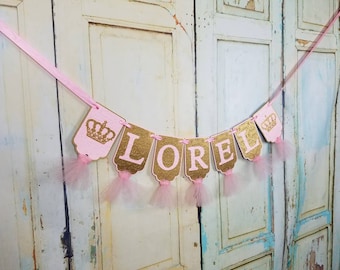 Girls Name Banner with Crowns in Pink and Gold, Birthday Decoration, Nursery Wall Hanging, Name Sign, Pink and Gold Baby Shower Sign