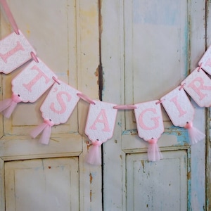 It's A Girl Banner, Pink and White Embossed Banner with Tulle, Baby Shower Decoration, Baby Girl Sign, Baby Announcement, Gender Reveal Sign