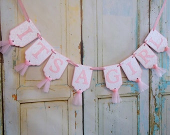 Embossed It's A Girl Banner: Pink & White Tulle Baby Shower Decor