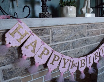 Happy 1st Birthday Banner, Embossed Pink and Gold Banner with Tulle, Girls First Birthday Banner, Pink and Gold Birthday Decorations