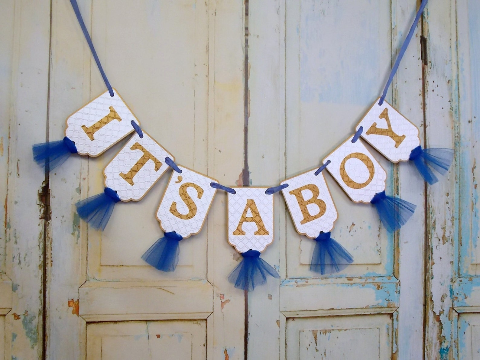 It's A Boy Banner Embossed White Blue and Gold Banner - Etsy
