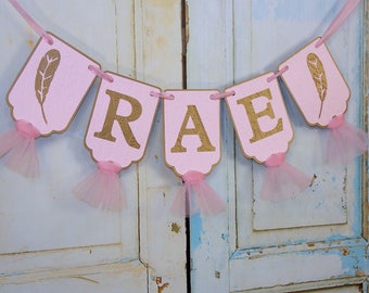 Girls Name Banner with Feathers, Pink Gold Birthday Decoration, Boho Baby Shower, Feather Birthday, Girls Baby Shower Decoration, Wild One