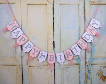 Happy 1st Birthday Banner, White Pink and Gray Banner with Tulle, Girls First Birthday Decorations, Gray and Pink Girls 1st Birthday Sign