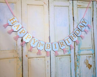 Happy 1st Birthday Banner, Blue Pink and Gold Banner with Tulle, Girls First Birthday Banner, Birthday Decorations
