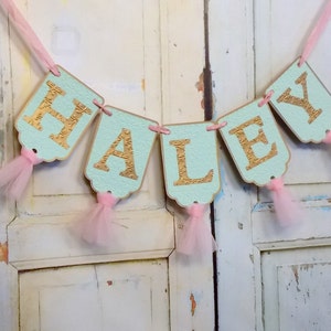 Custom Girl&#39;s Name Banner, Mint Pink and Gold Banner with Tulle, Girl&#39;s Birthday Banner, Baby Shower Decor, Girls Birthday Decoration