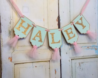 Custom Girl's Name Banner, Mint Pink and Gold Banner with Tulle, Girl's Birthday Banner, Baby Shower Decor, Girls Birthday Decoration