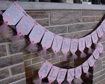 Happy 1st Birthday Banner, Pink and Silver Banner, Girls First Birthday Sign, Pink and Gray Birthday Decorations, Girls 1st Birthday Decor