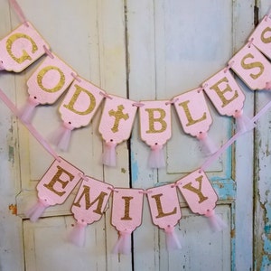 God Bless Banner, Girls Name Banner Optional, Pink Gold Banner, Baptism Banner, Girls Christening Decor, Baptism Decoration, Girls Name Sign