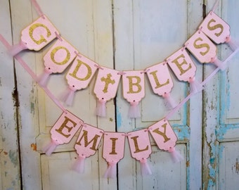 God Bless Banner, Girls Name Banner Optional, Pink Gold Banner, Baptism Banner, Girls Christening Decor, Baptism Decoration, Girls Name Sign