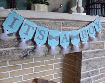 It's A Boy Banner with Bow Ties, White Blue and Gray Baby Shower Decoration, Baby Boy Shower Banner, Gender Reveal, Bow Tie Baby Shower