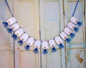 First Year Picture Banner, White, Blue and Gold Banner with Tulle, First Birthday Decoration, 12 Month Photo Banner, Boys 1st Birthday Sign