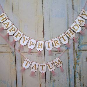 Happy 1st Birthday Banner, Embossed Cream Pink and Gold Banner with Tulle, Girls First Birthday Banner, Pink and Gold Birthday Decorations