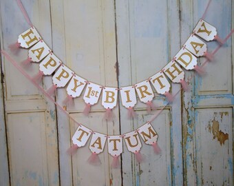 Happy 1st Birthday Banner, Embossed Cream Pink and Gold Banner with Tulle, Girls First Birthday Banner, Pink and Gold Birthday Decorations