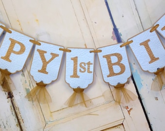Happy 1st Birthday Banner, Boys Name Banner Optional, Baby Blue and Gold Birthday Decorations, Baby Boys Birthday Sign, Boys First Birthday