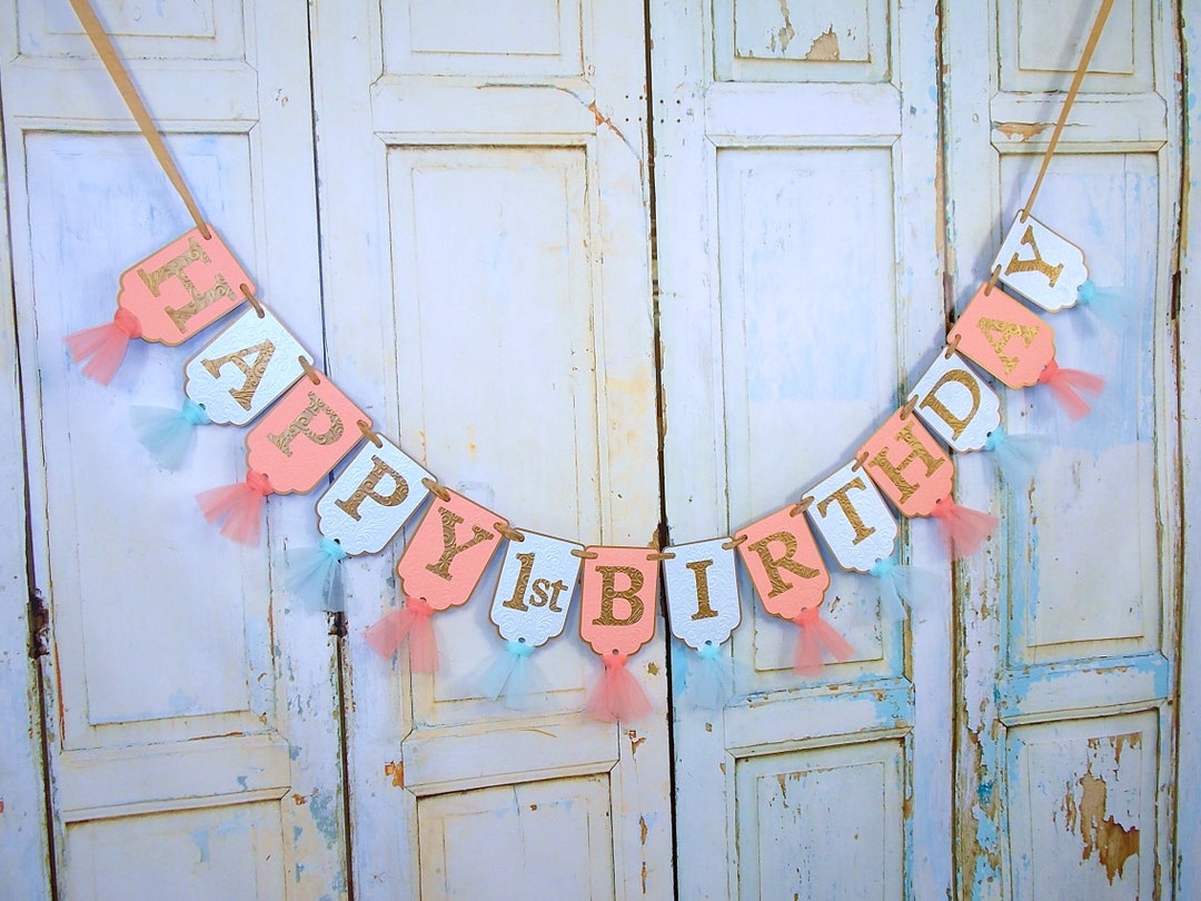 Feliz 1er cumpleaños Banner, Aqua, Coral y Oro Decoración de Cumpleaños ...