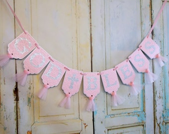 God Bless Banner, Girls Name Banner Optional, Pink and Silver Christening Decoration, Confirmation Decor, First Communion, Baptism Sign