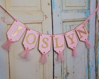 Pink and Gold Glitter Girl's Name Banner with Tulle