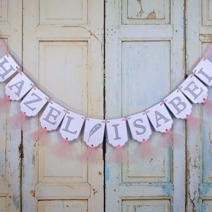 Girls Name Banner with Feathers, White Pink and Gray Banner with Tulle, Feather Birthday Decoration, Feather Baby Shower, Girls Birthday image 1