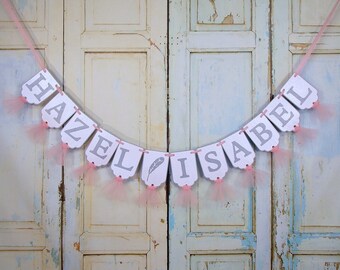 Girls Name Banner with Feathers, White Pink and Gray Banner with Tulle, Feather Birthday Decoration, Feather Baby Shower, Girls Birthday