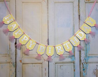 Happy Birthday Banner, Silver, Pink and Yellow Banner, Girls Birthday Decoration, You Are My Sunshine, Pink Lemonade Birthday