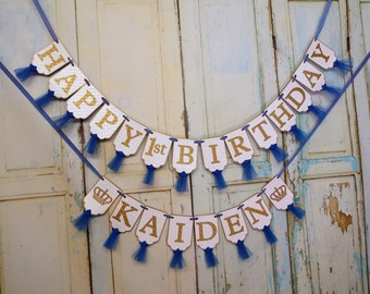 Royal 1st Birthday Banner: Blue, White & Gold Party Decorations